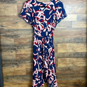 Medium faux wrap dress short sleeve aqua red and tan belted swing dress